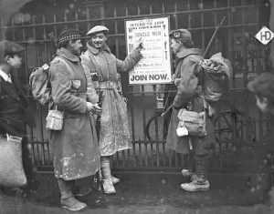 Three Prints: Soldiers home from the trenches interested in the new notice to single men ( Gordons