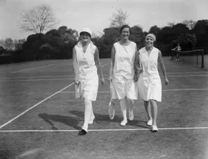 South African women tennis players practice at Hurlingham. Left to right, Miss E L Herne