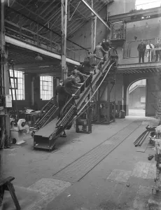 Sovex Ltd moving belt escalator in Erith, London. 4 April 1939