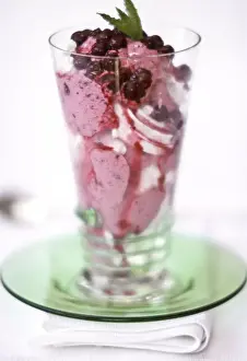 Desserts Prints: Spectacular dessert of ice cream with blackcurrants and fresh fruit coulis topped