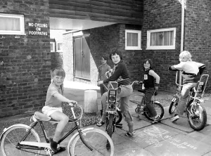 Playing Prints: Spitals Cross Edenbridge Kent - Children on bikes - choppers! mid 1970s