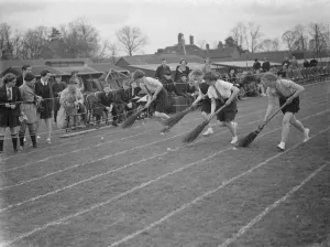 Sports day at the Swanley Horticultural College in Kent. A novelty race where competitors