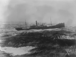 SS Alkaid abandoned in hurricane. A photograph of the doomed Dutch freighter Alkaid