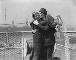 Single Funnel Prints: On the SS Berengaria at Southampton Miss Ecelyn Laye and her mother 29 April 1930