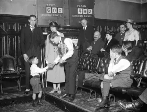 Education Prints: St Dunstans boys billiards story Willie James congratulating the winner, James
