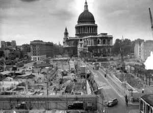Construction Prints: St Pauls Cathedral dominates the view of the area north of Cannon Street (left) Rebuilding