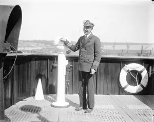 Staff Captain Beebe ( of US Lines ). Photographed on the bridge of the Leviathan