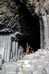 Britain Prints: Staffa Scotland the entrance to Fingals Cave among the basaltic pavements of