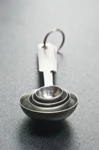 Utensils Prints: Stainless steel set of measuring spoons, on dark surface. credit: Marie-Louise