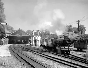 Steam Engine Green Goddess ( 1 ) on the Romney, Hythe & Dymchurch Railway at Hythe station