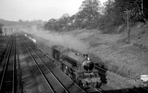 Fifties Prints: Steam Railway Engine ( 1407 engine ) steaming along near Hadley, near London
