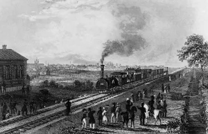 Russian Prints: Steam train. Possibly the building of St Petersburg ?TopFoto