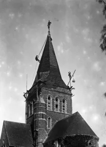 Church Prints: Steeplejacks attacked on the spire of Shackleford Church, near Aldershot, by red ants