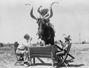Greetings Card Prints: Steer clear, just. This lunch party at Burbank, California, must think the meat course
