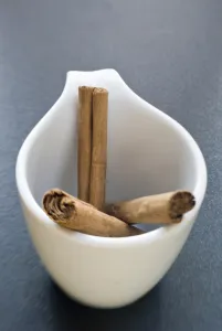 Natural Prints: Sticks of cinnamon in small white cup credit: Marie-Louise Avery / thePictureKitchen
