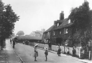 Victorian Prints: A street scene from 1907 of Great Chart, Ashford, Kent, children playing in