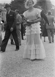 Striking fashions at French Grand Prix meeting at Longchamps. One of the striking