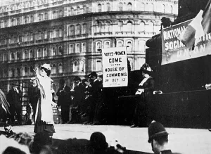 Meeting Prints: Suffragettes; Mrs Pankhurst speaking in Trafalgar Square, October 1908. Flora Drummond