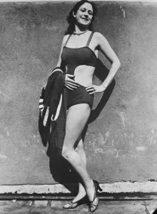 Sun worshipper Miss Jenny Welm in the latest French bathing suits at San Francisco