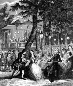 Vauxhall And Lambeth Prints: Supper at Vauxhall showing outdoor illumination probably 1800-1810 London History