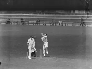 Surrey versus Hampshire at the Oval. Sadler, Surreys new fast bowler in action