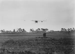 The tail less aeroplane, designed by Capt G T R Hill, MC. in flight. 27 April 1926