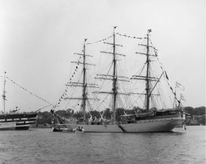 Sails Prints: Tall ship moored next to HMS Worcester on the River Thames off Greenhithe, Kent. 20