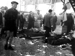 Accident Prints: The tangled wreckage of Pierre Leveghs Mercedes after the disaster which claimed