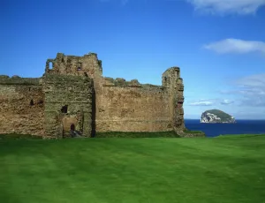 Mythology Prints: Tantallon Castle, with Bass Rock. Lothian region. Scotland