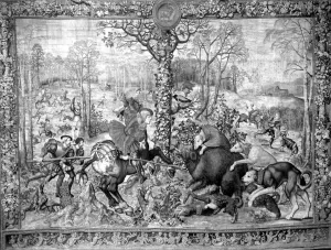 Sporting Prints: Tapestry showing a hunting scene in December capricorne hunting the boar from