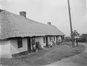 Cottage Prints: A telephone pole in the front garden of a row of cottages in Bredger, Kent