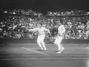 Tennis at Wimbeldon. Mens double final. Brugnon and Cochet in play. 3 July 1926