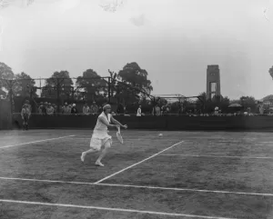 Tennis at Wimbledon. Miss E A Goldsack defeating Miss H Browne. 25 June 1929