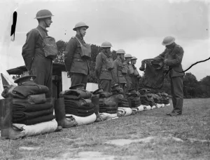 Territorial Army recruits at camp in Chichester, Sussex. Kit inspection. 1939