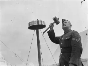 Territorial Army recruits at camp in Chichester, Sussex. Sound that gong. 1939