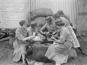 Territorial Army recruits at camp in Lympne, Kent. Preparing dinner