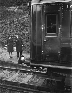 Testing electrified railway lines by steam train in Swanley, Kent. 1938