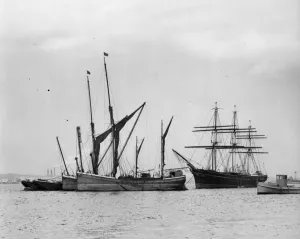 Thames Barges moored next to The Cutty Sark on the River Thames off Greenhithe, Kent