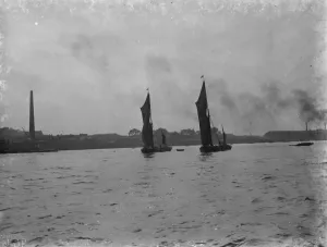 Thames barges sailing up the river. 1938