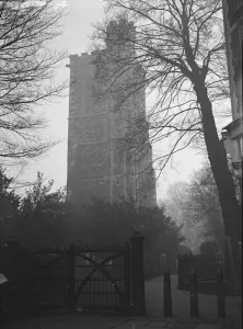 London Prints: The thirteenth century bell tower at Hornsey which has survived two churches