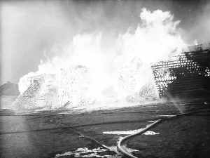 A timber fire in Welling, Kent. 1938