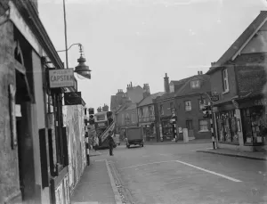 Traffic lights on the High Street in Foots Cray, Kent. 1936