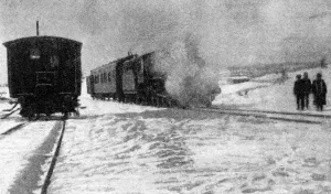 Snow Prints: Train leaving the headquarters of the Finnish Legion in Northern Russia. ?TopFoto