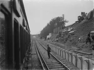 Construction Prints: A train passing through the newly constructed Albany Park Station. 1935