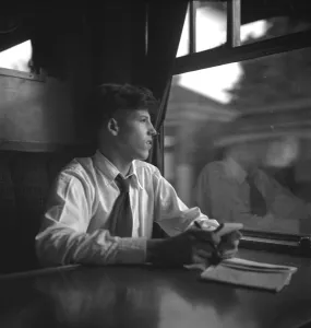 Travel Prints: Trainspotters Club outing A young train spotter sitting in the railway carriage