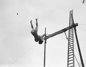 Performer Prints: A trapeze artist performing at the Sidcup fete in Kent. 1939