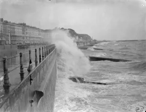 Tremendous sea batter Hastings in South Coast Gale. Tremendous seas, lashed by