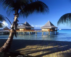TROPICAL ISLANDS French Polynesia. Beach at Rangiroa. tourist complex