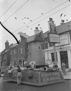 Celebrate Prints: A Tulip Time windmill float in the Dartford Carnival procession. 1939