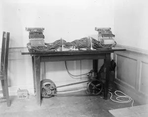 Twin typewriters that code and decode. Can deal with 280 codes. 15 August 1923